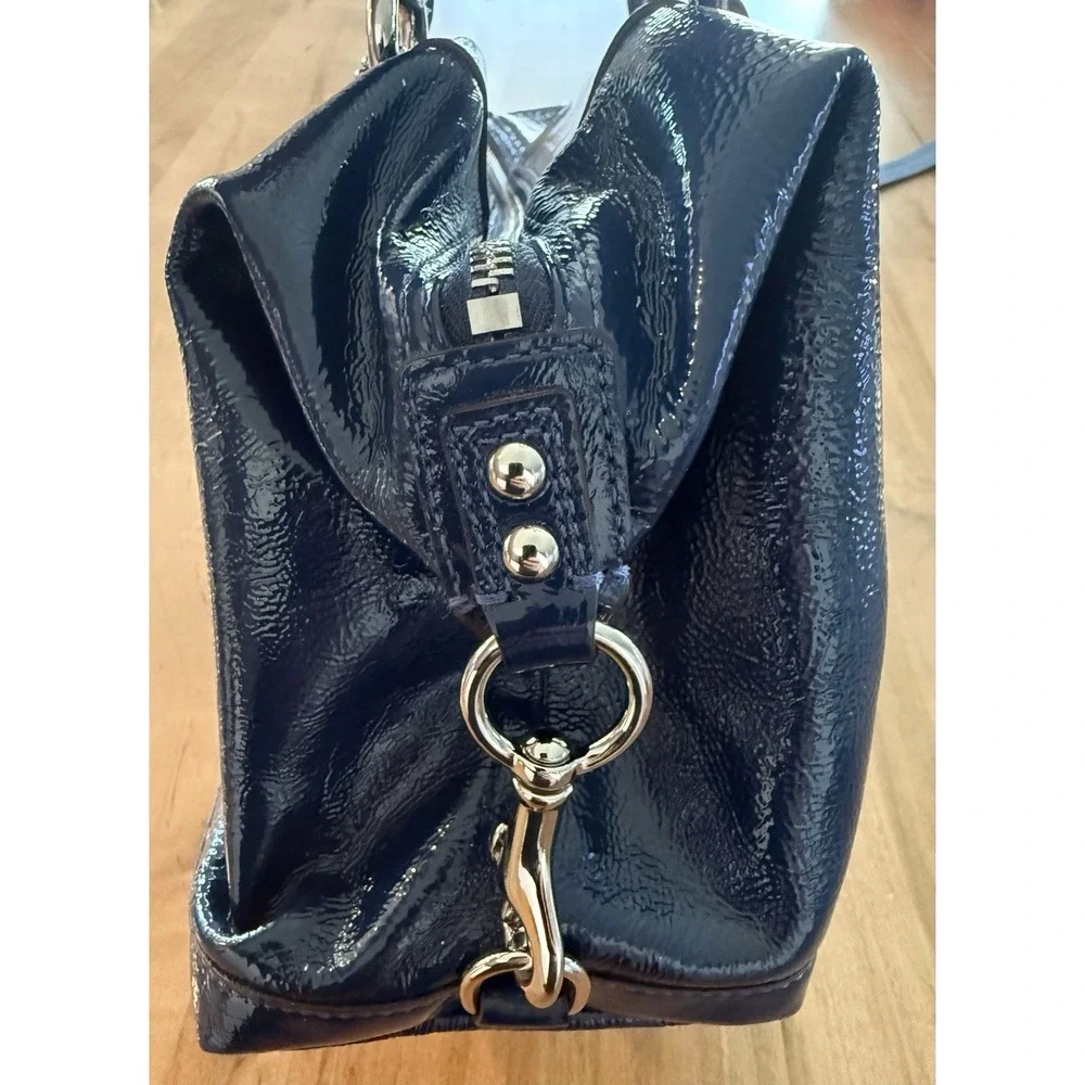 Coach Ashley Satchel Navy Blue Crinkled Patent Leather Convertible Design